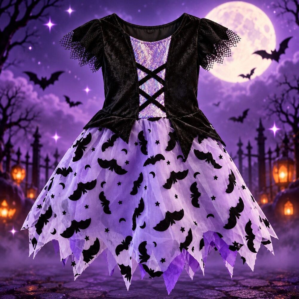Girls Batwing Beauty Bat Costume Size 6 6X Purple Black Halloween NWT Incomplete